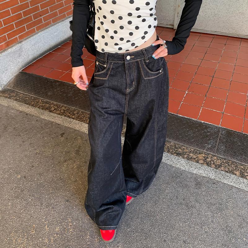 Retro American high street collision line design jeans women's autumn new Paris buckle loose versatile scimitar wide-leg pants