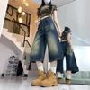 Women's High Waist Vintage Washed Wide Leg Bermuda Shorts Loose Straight Denim Capri Pants Streetwear Calf Length Trousers
