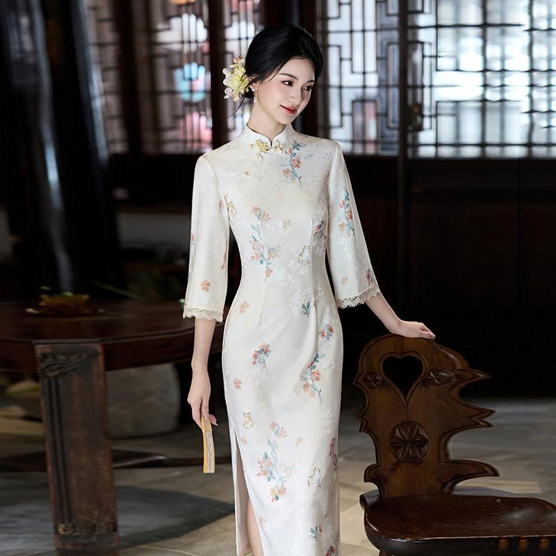 Blue national style new Chinese style Suzhou long-sleeve autumn improved qipao mid-sleeve 1011 new youth women's spring and autumn wear