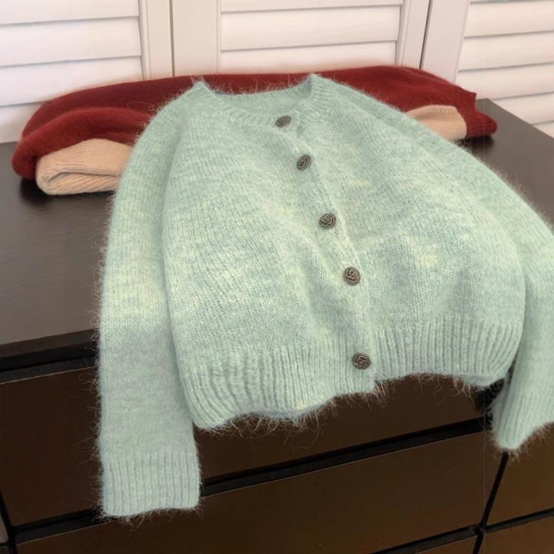 

Green soft waxy mohair sweater jacket women s autumn and winter thickened lazy short cashmere wool knitted cardigan outer wear one size fits all зелений