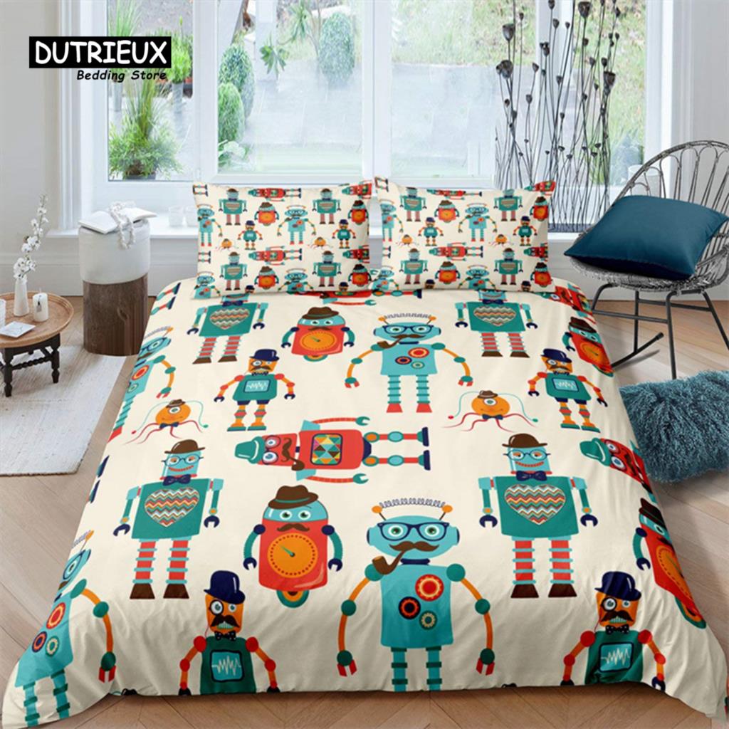 Robot Duvet Cover Set Cartoon Space Robot Bedding Set Patchwork Transformer Futuristic Machine Comforter Cover Twin Full For Boy