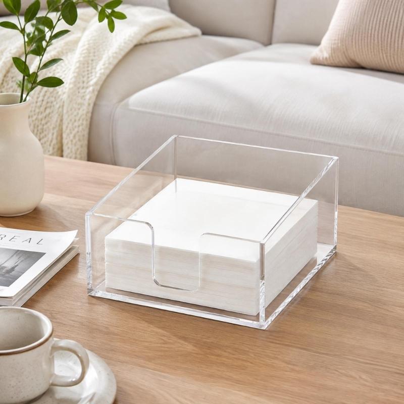 Clear Acrylic Table Napkin Holder for Standard Square Napkins with Visible Storage and Easy Front Access Cutout