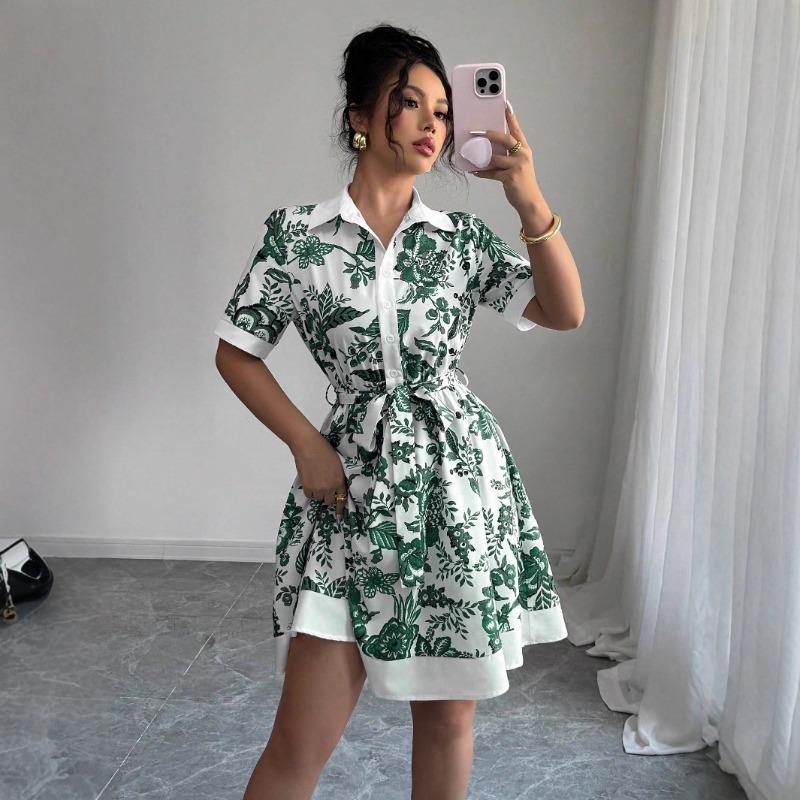 New, summer simple and fashionable waist printed strap short-sleeved dress women's clothing