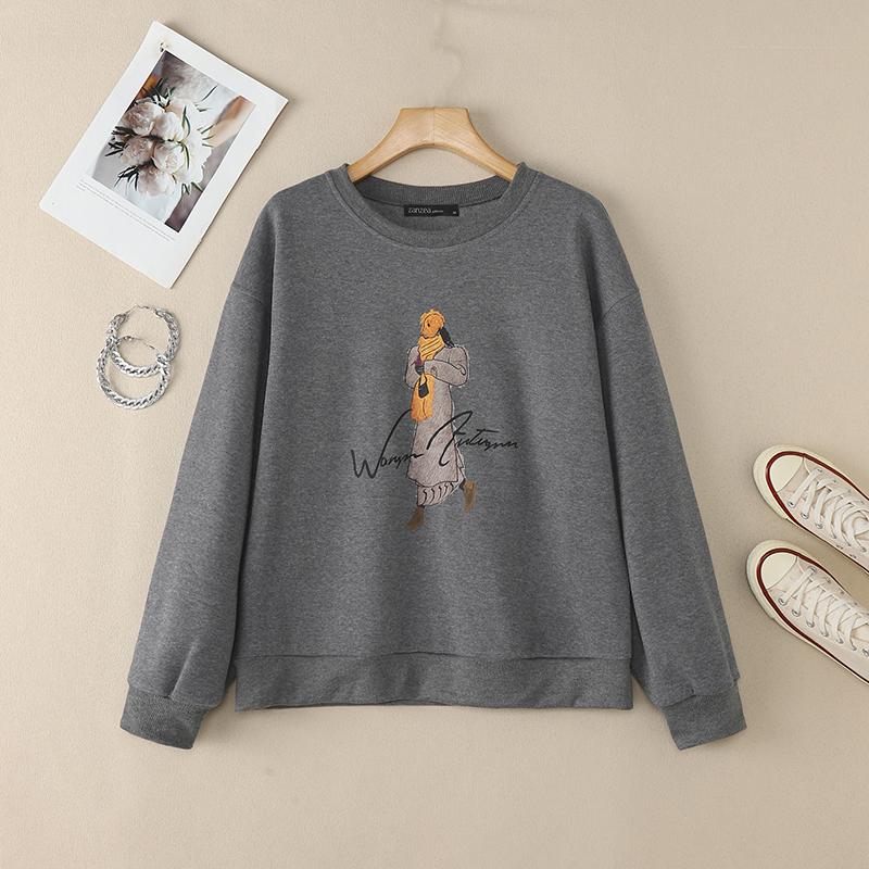 

ZANZEA Женский повседневный свободный пуловер-толстовка с круглым вырезом и длинным рукавом M темно-серого