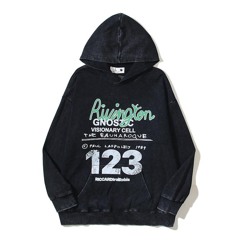 2024 American High Street Trendy Brand Vintage Distressed Washed INS Print Hoodie Loose Hoodie Unisex Trendy Brand