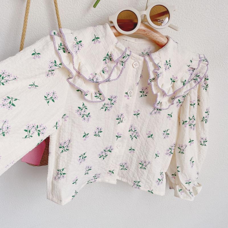 Kids Toddler Clothes Spring Girls Cute Sweet Casual Style Long Sleeve Floral Doll Collar Shirt + Bow Jeans Two Pieces Set