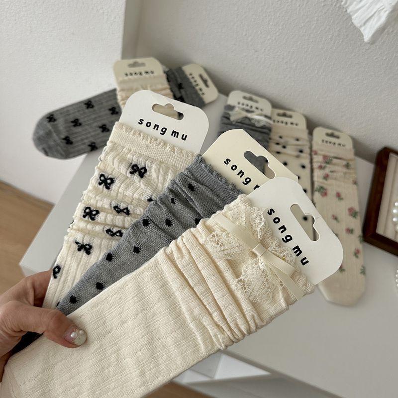 Bm Bow Polka Dot Socks Women'S Mid-Tube Socks Season Thin Girl Socks Lolita Stack Socks All Size Cotton