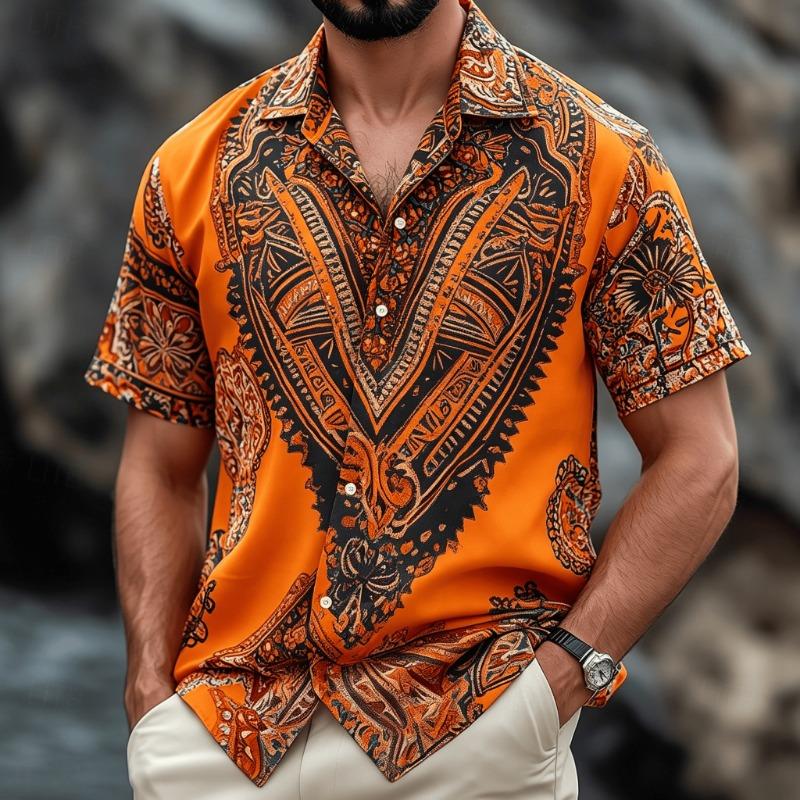 Men's Vintage Boho Paisley Print Short Sleeve Shirt, Retro Ethnic Button-Down Spring Summer Top