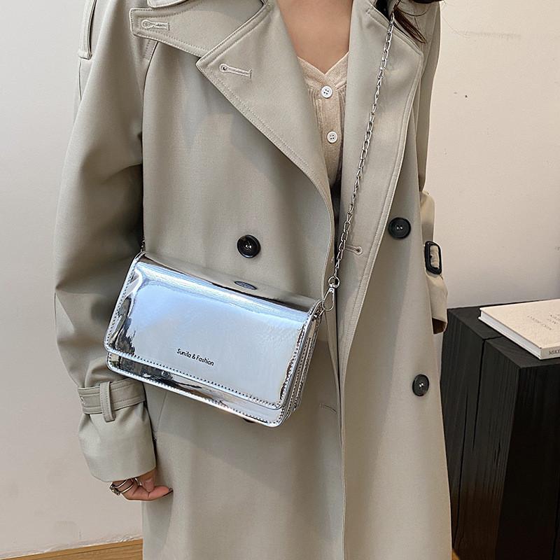 Trendy Chic Crossbody Bag Stylish Casual Square Design For Everyday Use In Black And Silver