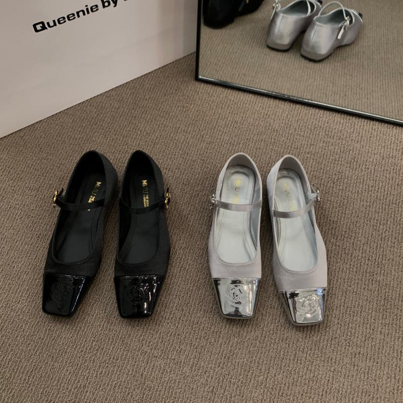 Flat-bottomed Small Silver Mary Jane Women's Shoes 2025 New Spring Square Head Small Fragrant Satin Black Evening Shoes