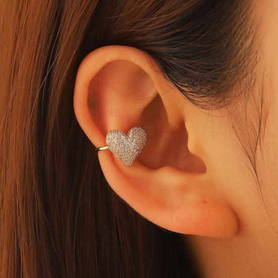 Ear Clip Sparkling Cubic Zirconia Inlaid Heart Design Non-Pierced C-Shaped Clip-On Earring Adjustable Lightweight Earring