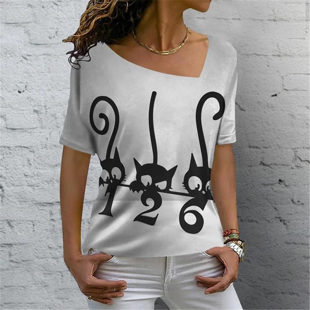 Kreslená kočka Digitální 3D tisk Dámské tričko Krátký rukáv Léto Ležérní Šikmý límec Personalizované Žena Dámské topy Oblečení