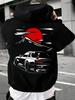 Nostalgischer Lässiger Hoodie für Herren, JDM Getuntes Fahrzeug Sonnenaufgang Berg Kunst Verbundene Rückengrafiken, Übergroßes Street Hip Hop Sport Top