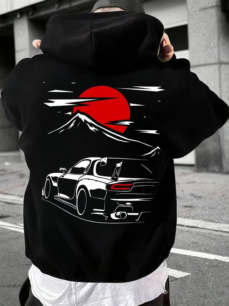 Nostalgischer Lässiger Hoodie für Herren, JDM Getuntes Fahrzeug Sonnenaufgang Berg Kunst Verbundene Rückengrafiken, Übergroßes Street Hip Hop Sport Top