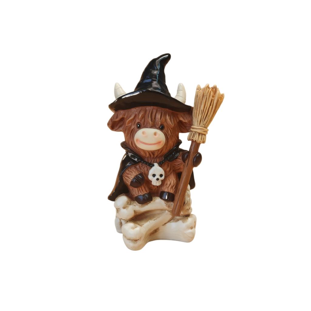 Halloween Witch Cow Resin Figurine with and Pumpkin, Cute Home Decor Ornament for Party