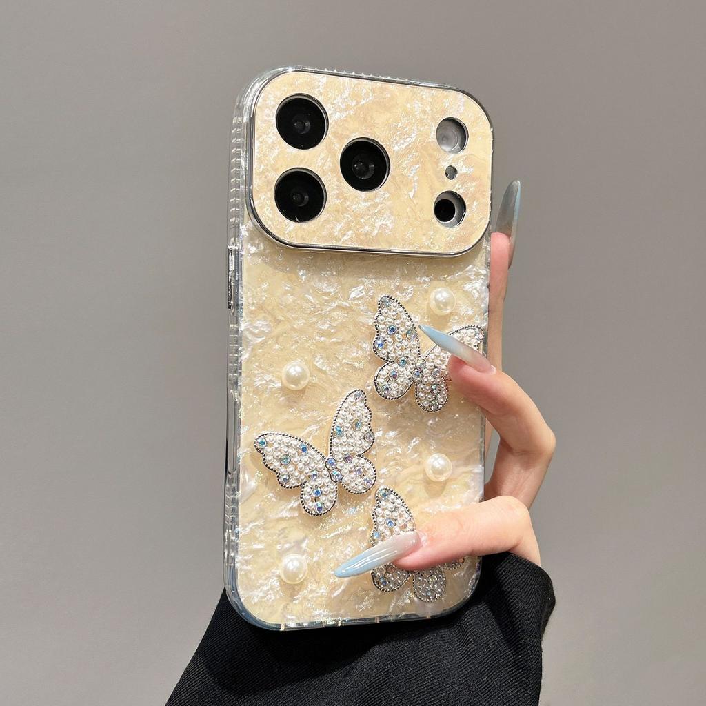 Hoesje voor iPhone 17 16 15 14 13 Pro Max Doe-het-zelf Parel Vlinder beschermhoes volledige dekking Schokbestendig Anti-vingerafdruk