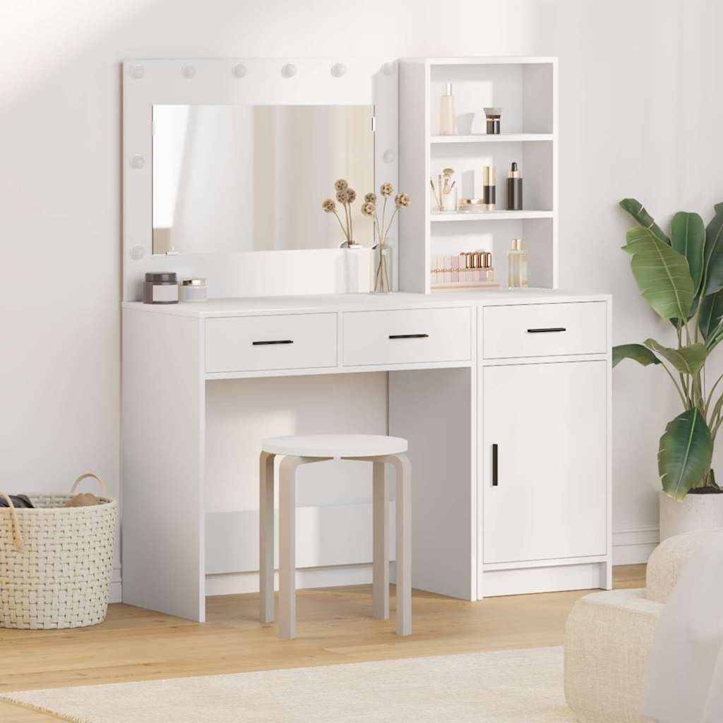 Makeup Table with Mirror Lighting 2 pcs White Particleboard