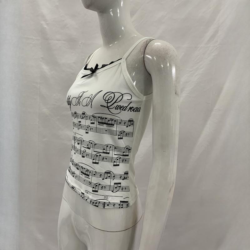 Y2K summer note pattern printed trendy camisole vest with bow decoration