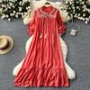 Elegant Retro Lace Up Summer Dress for Women A Line Ruffle Lantern Sleeve Loose Vacation Sweet O Neck Dresses