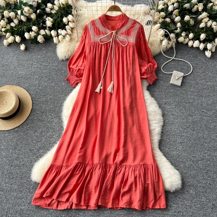 Elegant Retro Lace Up Summer Dress for Women A Line Ruffle Lantern Sleeve Loose Vacation Sweet O Neck Dresses