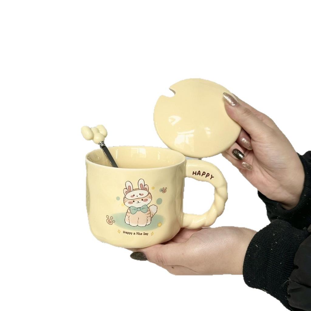 High Value Cat Cup Couple Large Capacity Coffee Cup with Lid Spoon Cute Cartoon Gift Ceramic Mug