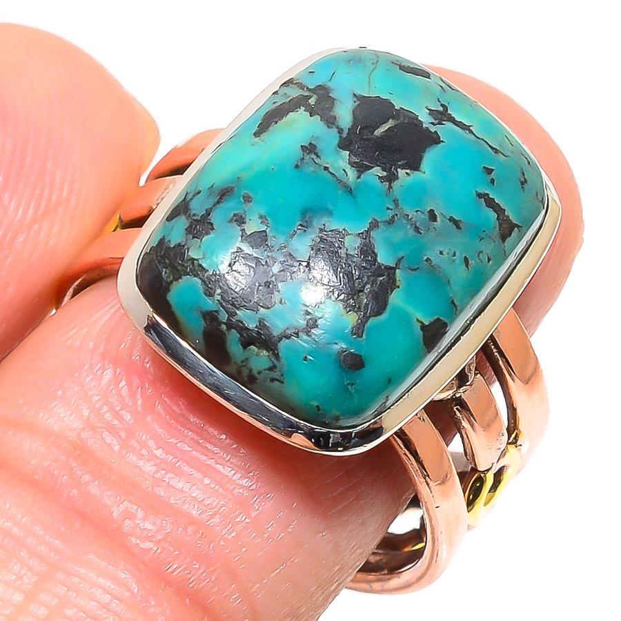 Natural Tibetan Turquoise Two Tone 925 Sterling Silver Jewelry Ring S.9.5 M7h83