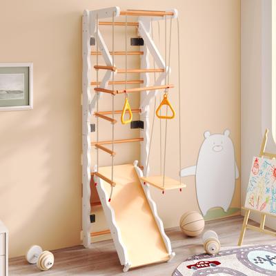 Wall Bars Indoor Climbing Frame Children, Wood Climbing Wall M. Slide, Swing, Climbing Ladder, Pull-up Bar, Rings, Up To 50kg, Natural/white