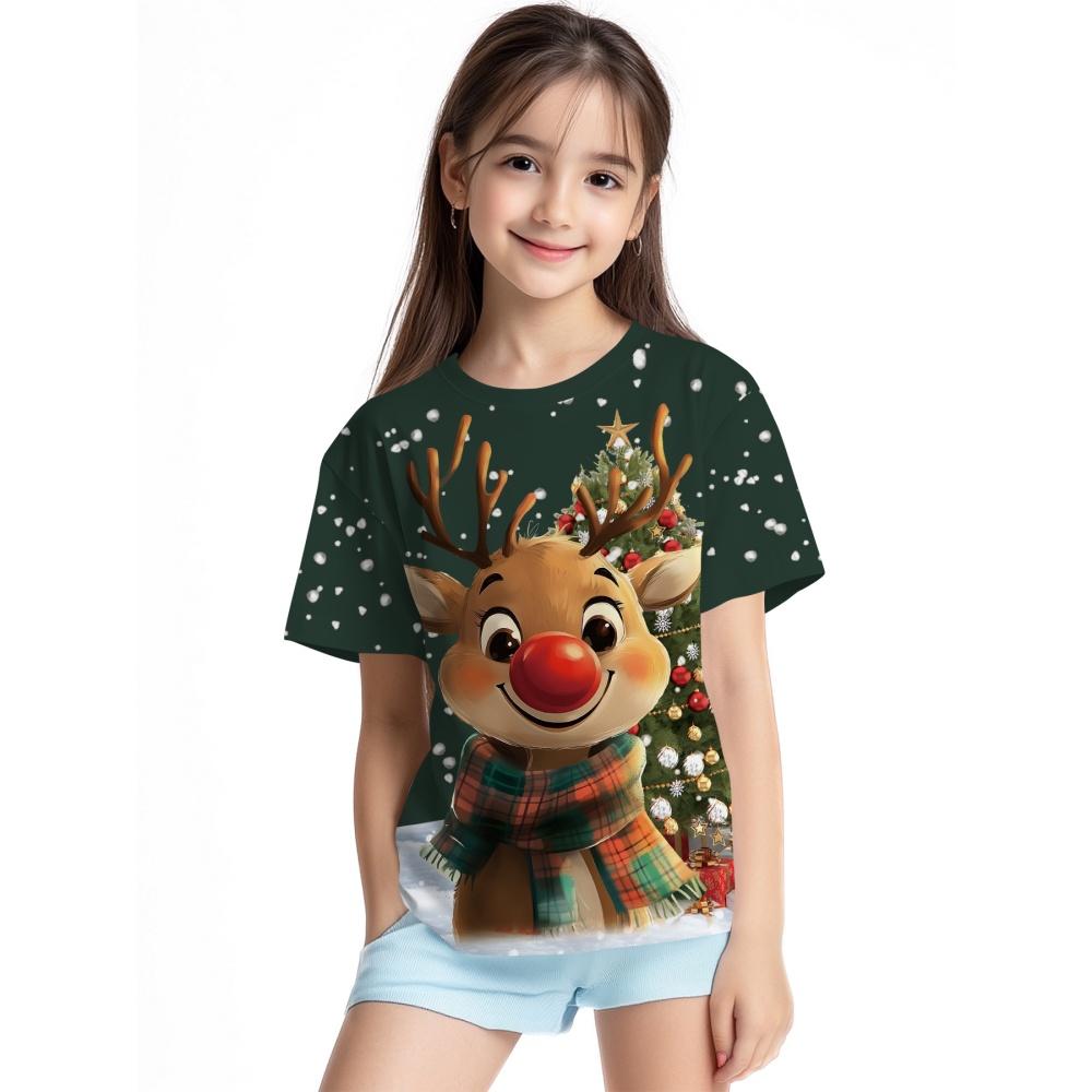 

2025 T-Shirt for Girls 3D Printed Christmas Featuring Santa Claus Short Sleeve Round Neck Casual Christmas Clothes for Girls Top 100