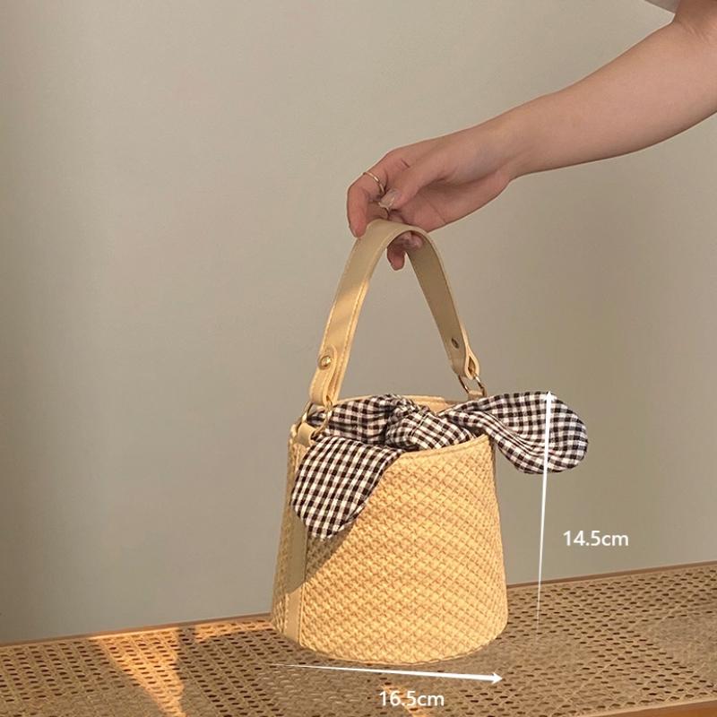 Women Fashion Woven Bucket Top Handle Bags Beach Straw Shoulder Bags Bohemian Summer Handbags Casual Bow Knot Crossbody Bags