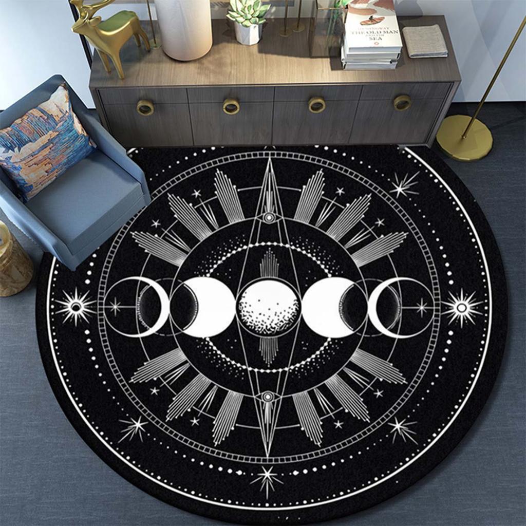 1pc Gothic Moon Phase Round Rug - Polyester Crystal Velvet, Non-slip, Washable Indoor Rug for Bedroom, Living Room
