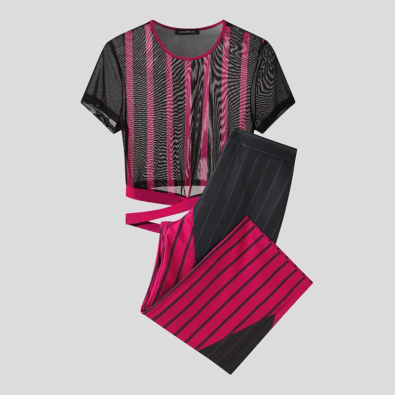 

INCERUN Men Sets Short Sleeve Striped Mesh Sheer Crop Tops Elastic Waist Long Pants 2PCS S