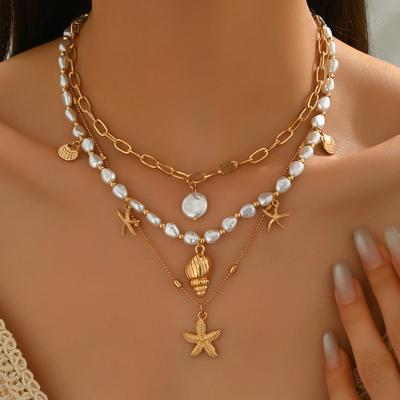 European and American Summer Seaside Starfish Conch Necklace Women's Multi-layer Stacking Design Vacation Imitation Pearl Collarbone Chain