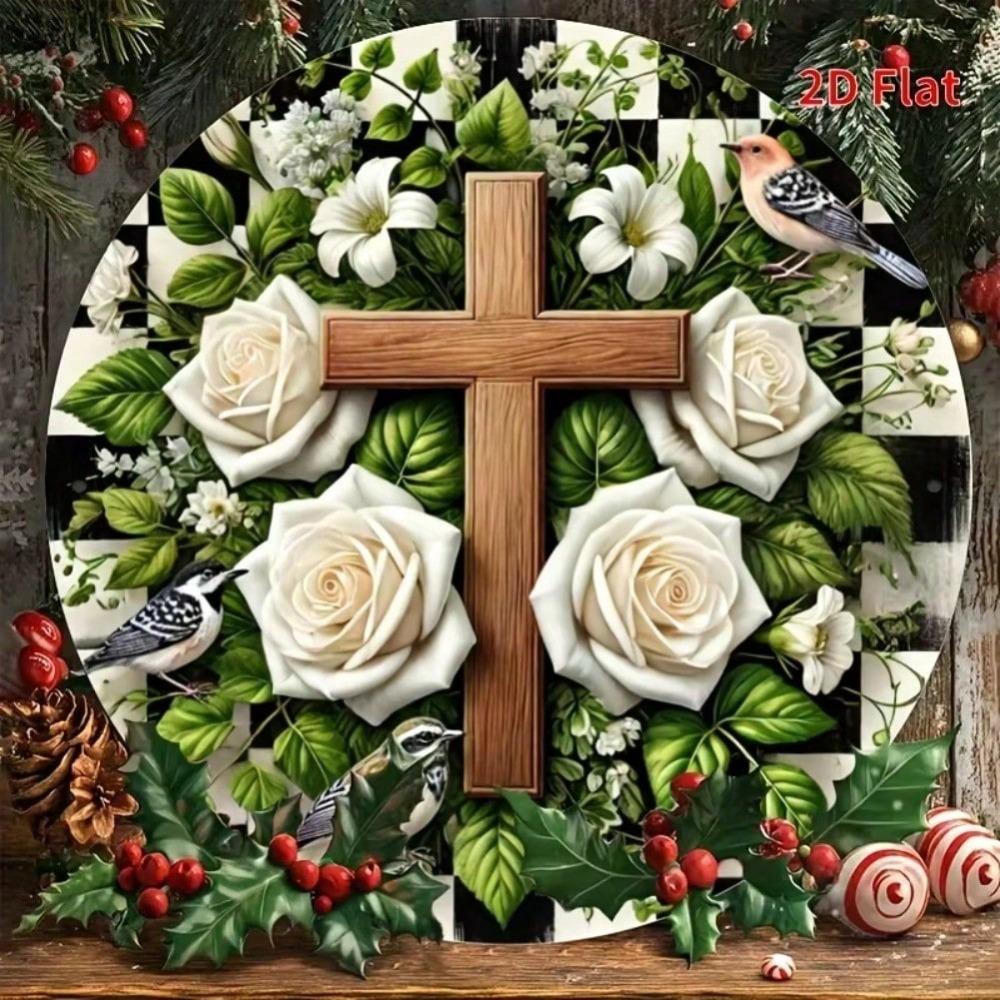 Metal Sign Jesus Saves 8 Inch Round Wall Art White Roses Wood Cross Religious Home Decor