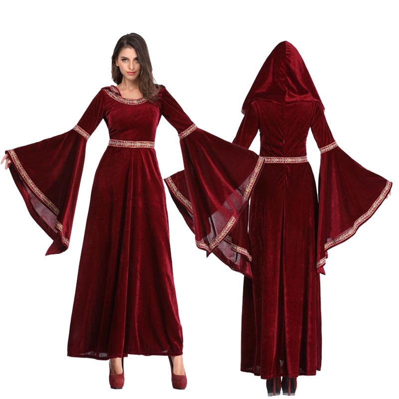 New Female European Halloween Burgundy Vampire Wizard Costume, Retro Court Queen Dress Up Character