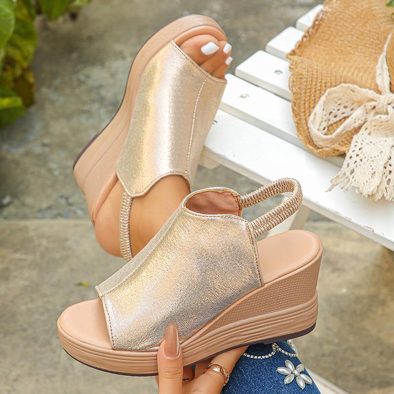 Fashion Gold Platform Wedge Sandals for Women Open Toe Thick Sole Summer Beach Shoes Woman Fashion Elastic Ankle Strap High Heel Sandals