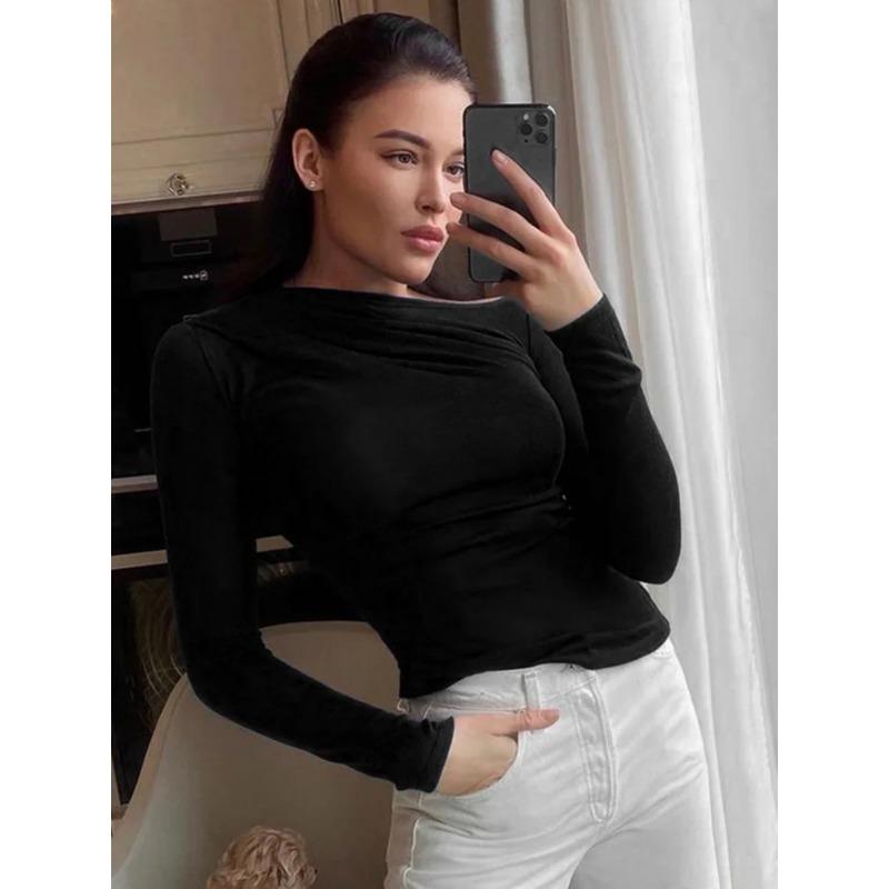 Long Sleeve Top White T-Shirts Women Basic Crop Top Autumn Pollover Solid Skew Neck T Shirt Streetwear Basic Black Y2K Tees
