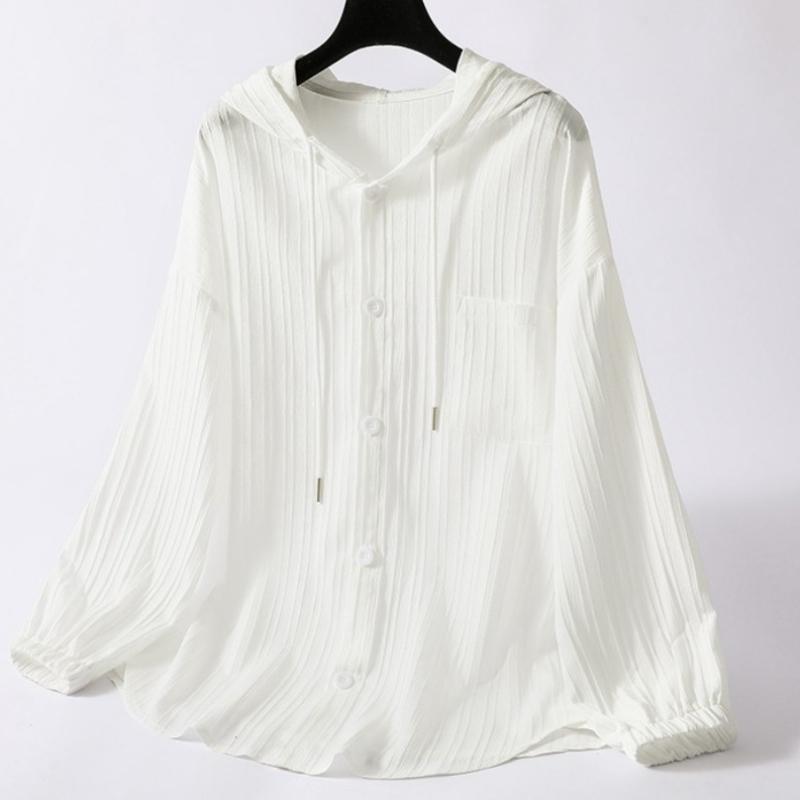 Long Sleeve Lightweight Loose Women Shirt Hooded Sun Protection Versatile Blouse Spring Autumn Retro Casual Solid Shirt