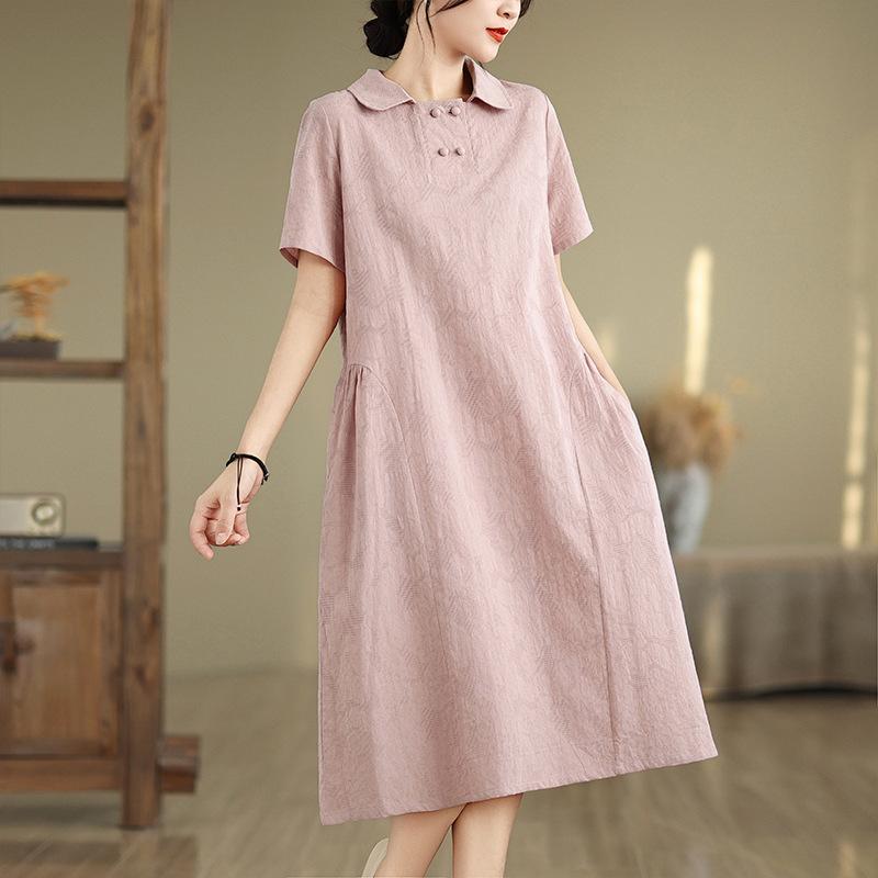 Summer Artistic Loose Jacquard Hemp Collar Short Sleeved Dress Women Medium Long