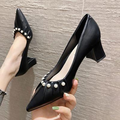 Version coréenne d'Escarpins à talons hauts épais à bout pointu pour femmes, Plissés, Perles, Chaussures simples, Style fée féminin, Design de niche, Tempérament