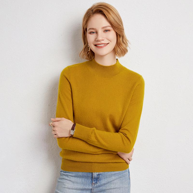 Women's Loose Fit Cashmere Half-High Neck Sweater - Soft, Classic Autumn/Winter Knit Base Layer