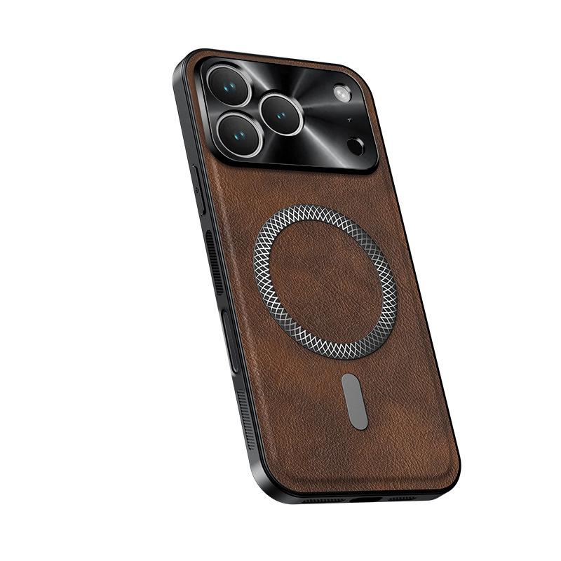 Applicable to iPhone17ProMax metal lens magnetic suction mobile phone case leather pattern Apple 16Pro anti-drop protective case