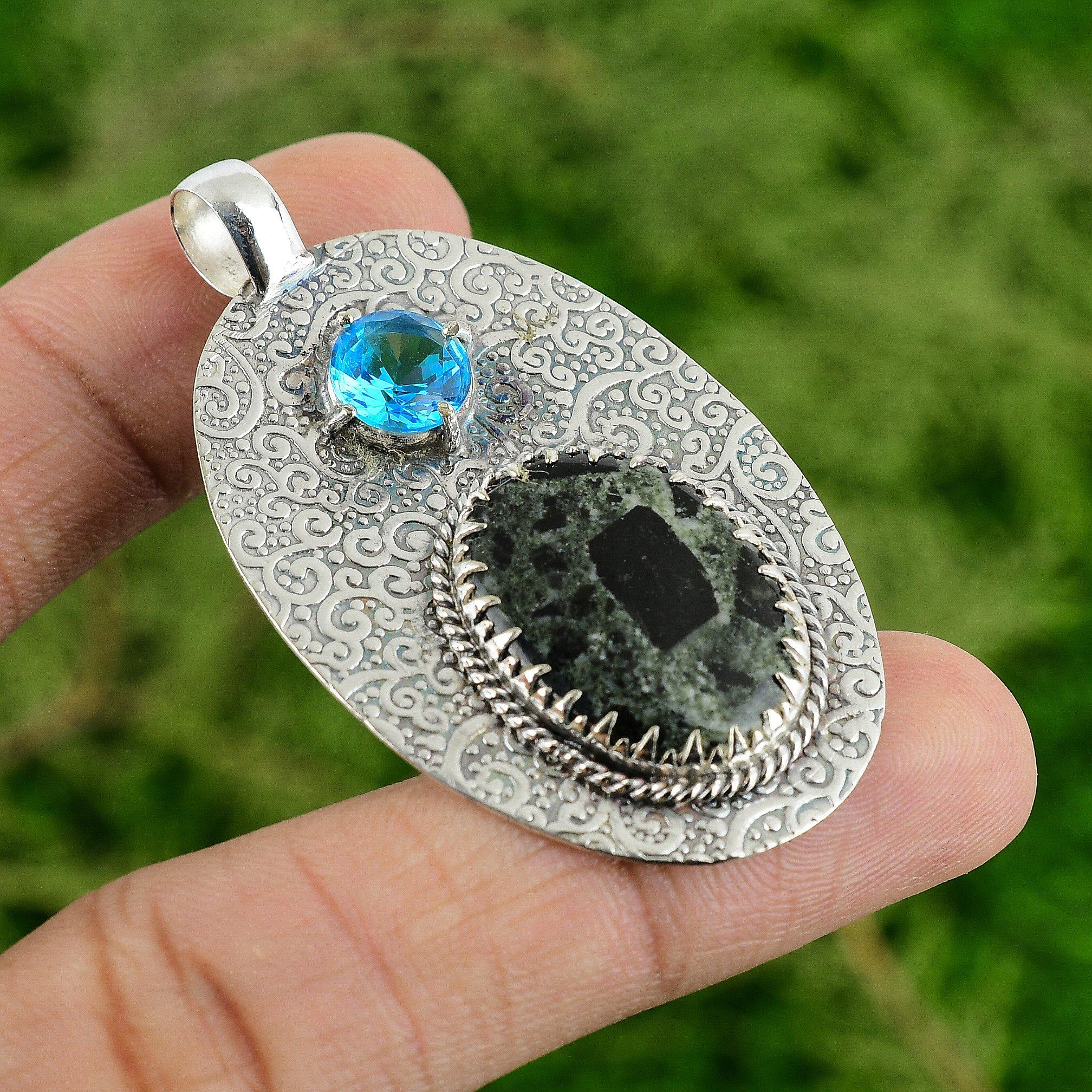 

Daughters Day Deal 925 Silver Natural Kambaba Jasper Swiss Blue Topaz Pendant