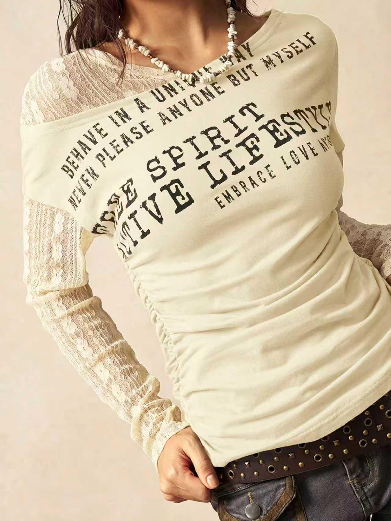 Summer One-Shoulder Letter Print Lace Patchwork Plus Size T-shirt XL
