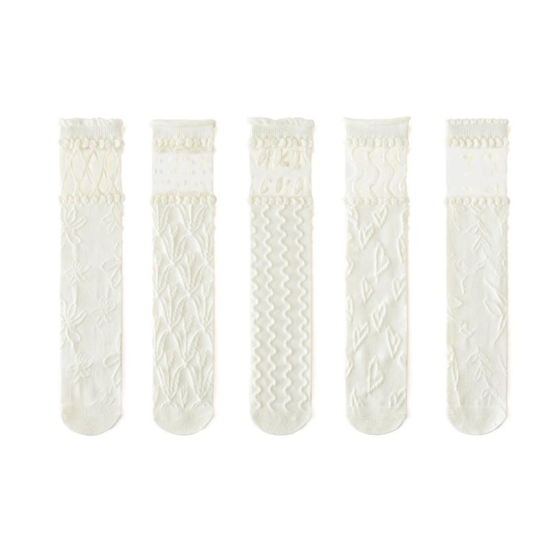 Sweet Japanese White Princess Calf Socks for Kids Girls Beige Floral Soft Cotton School Socks for Spring and Autumn