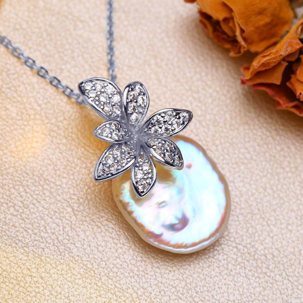 SENIKO Natural Freshwater Big Baroque Pearl Necklaces For Women Fashion Flower Cubic Zirconia Pendant With Chain Birhday Gift