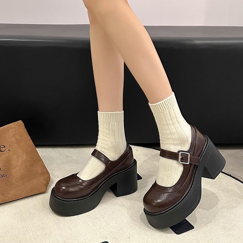 

Retro round head platform Mary Jane shoes women s new spring French thick heel light mouth shoes 35 коричневий