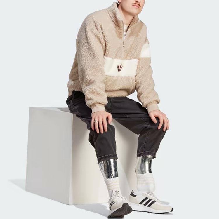 Adidas Jaqueta Fleece de Inverno Originals Color Block Logo Gola Alta Manga Longa Jaqueta Masculina Bege HZ0719