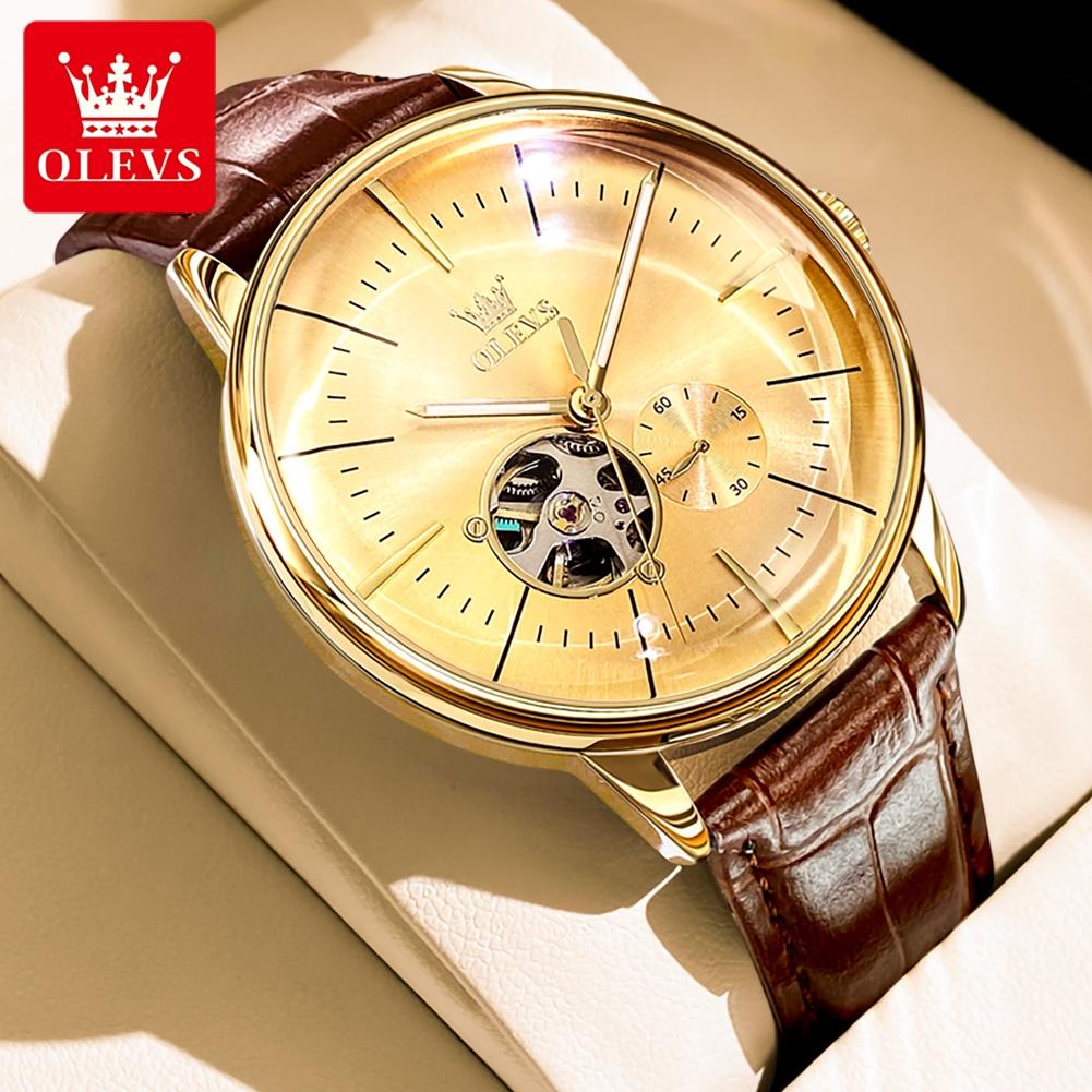 OLEVS 6708 Fashion Men's Watches Leather Strap Original Brand Self-winding Automatic Mechanical Wristwatch for Man Waterproof