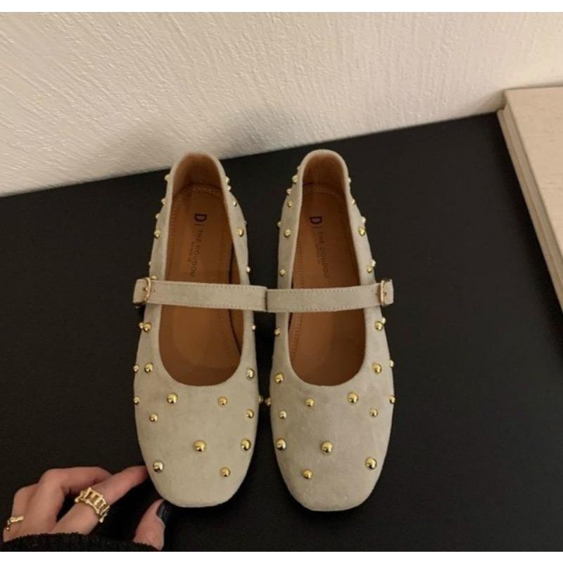 Damen flache Schuhe Retro Nieten Freizeit Schuhe Komfort Weicher Boden Ballerinas Wildleder Freizeit flache Schuhe Klassische Mary Jane flache Schuhe Zapatos Mujer