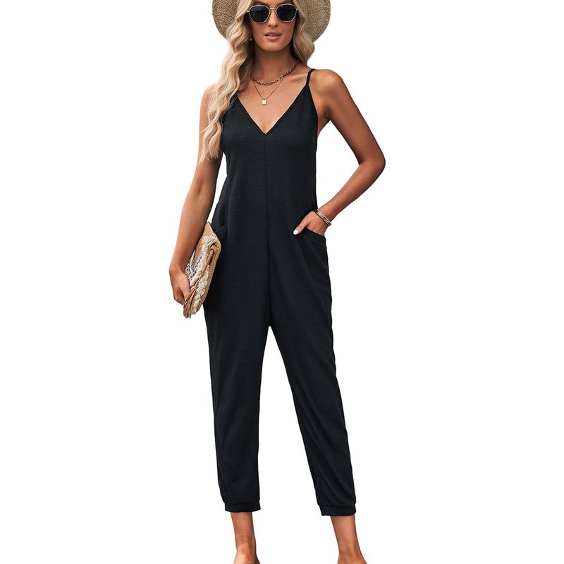 American Shiying Solid V-neck Sling Jumpsuit Women 2025 Summer New High Waist Straight Jumpsuit Women